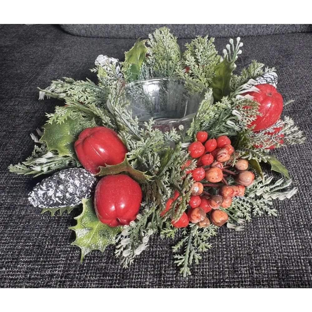 Fire King Candle Ring Plastic Christmas Pinecones Apples Holly And Berries